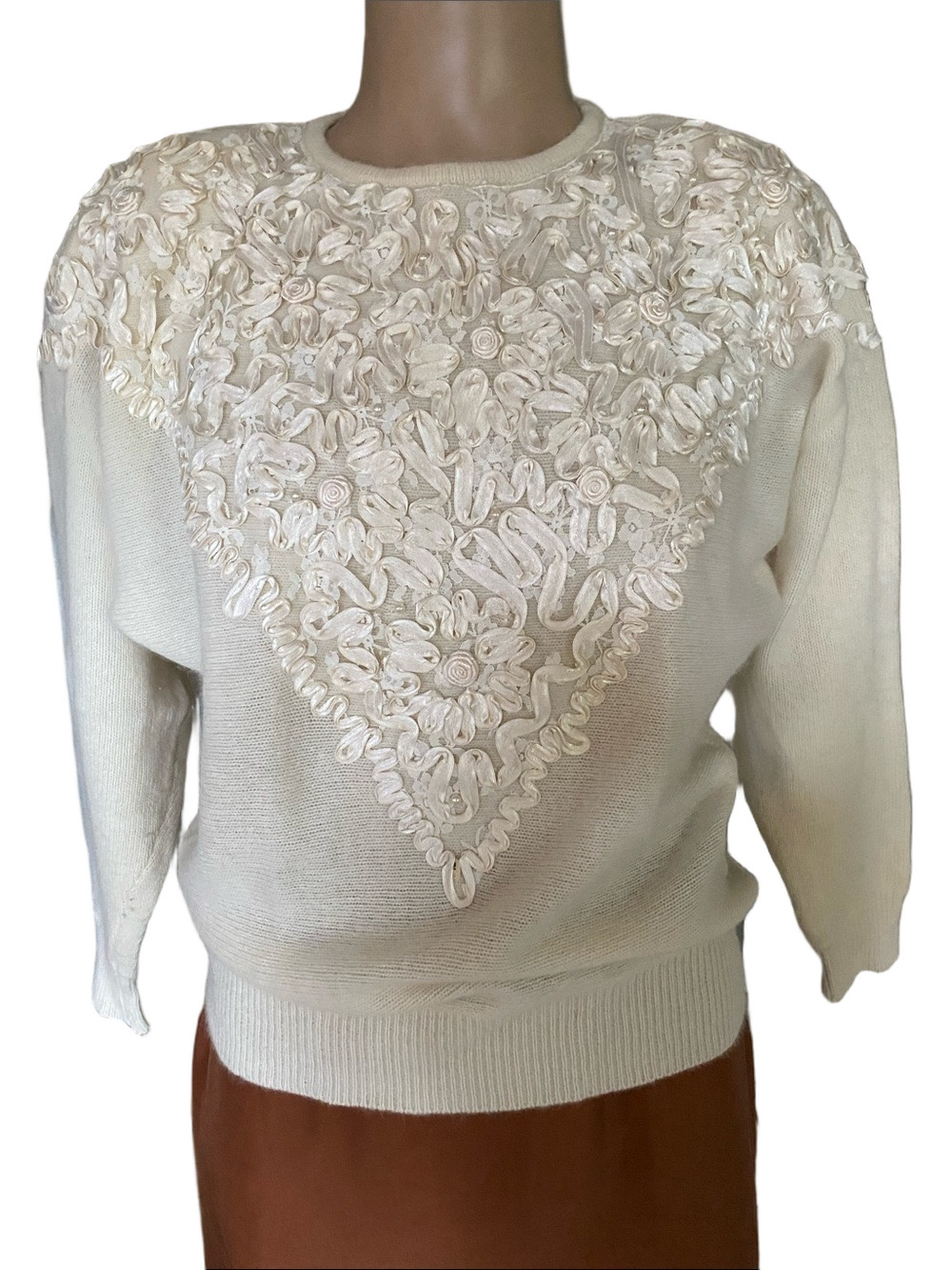 Nilani vintage Cream Embellished Crewneck Sweater -angora and lambs wool blend.